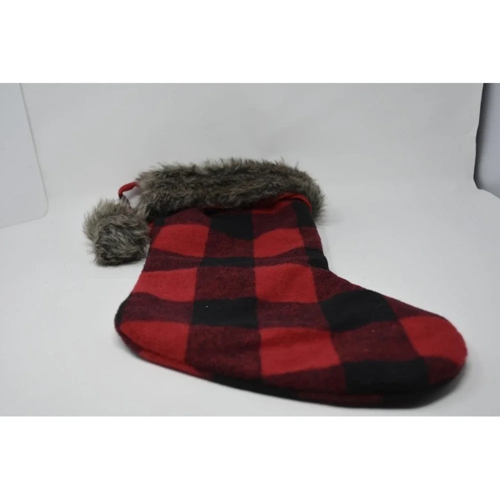 Red Black Buffalo Plaid Christmas Stocking Faux Fur Cuff Rustic Cabin Farmhouse